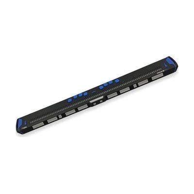 Long rectangular silver braille display with 80 braille cells across, steel base, panning keys and routing buttons along the 