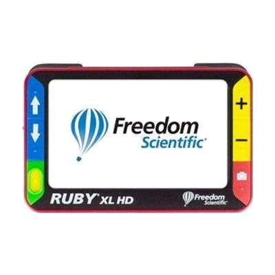 Handheld rectangular video magnifier with a 5-inch color screen that tilts, a fold-out grip handle on the back, and a camera 