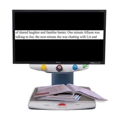 Large desktop video magnifier with flat articulating camera arm mounted above a wide sliding reading tray, shown connected to