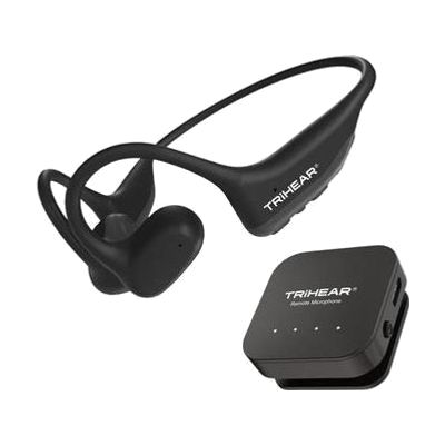 Small white open-ear hearing amplifier with a separate compact wireless remote microphone unit, both in white finish