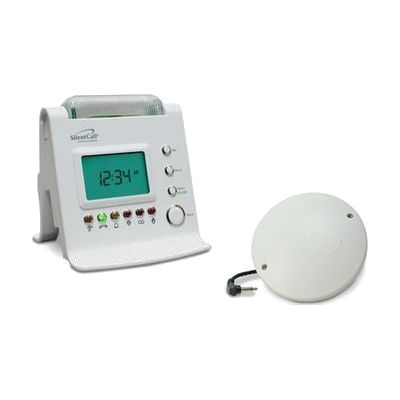 White rectangular alert receiver unit with strobe light on top, colored indicator icons on front panel, and a separate disc-s