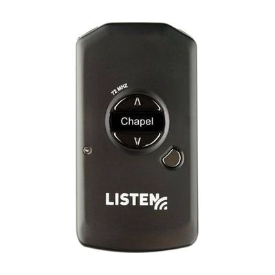 Small rectangular black wireless receiver with OLED display screen, two 3.5mm audio jacks, and attached neckloop lanyard