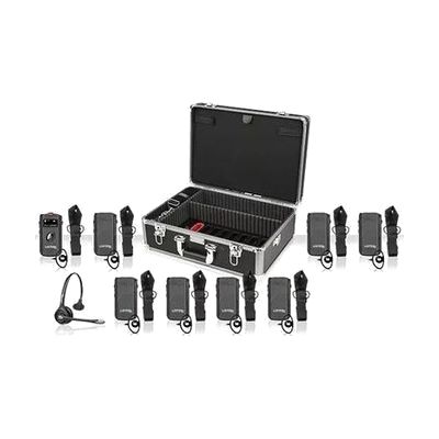 Set of small rectangular wireless receiver units in a black carrying case with foam inserts, each with a short cord and ear s