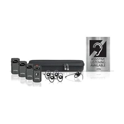 Small rectangular wireless transceivers and receivers in black plastic with lanyards, stored in a compact gray carrying case