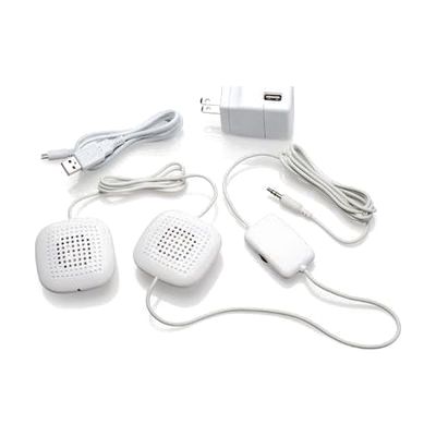 Two thin rectangular pillow speakers in white, each roughly 5 by 2.5 inches, connected by a cable with an inline volume slide