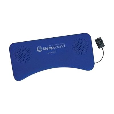 Thin flat rectangular pillow speaker pad in gray/white, roughly 10 inches wide with a small attached control unit