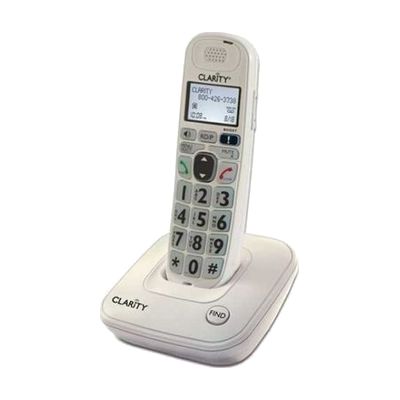 White cordless phone handset with large high-contrast dark keypad, oversized number keys, and a rectangular display screen at