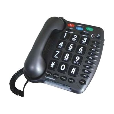 Black corded desktop telephone with large rectangular buttons, prominent speaker grille, and visual ringer indicator light
