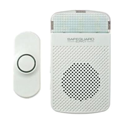 Small white plug-in receiver unit with built-in strobe light alongside a compact white wireless doorbell push button