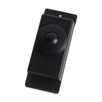 Small rectangular white doorbell button transmitter with a central press button, designed for wall mounting
