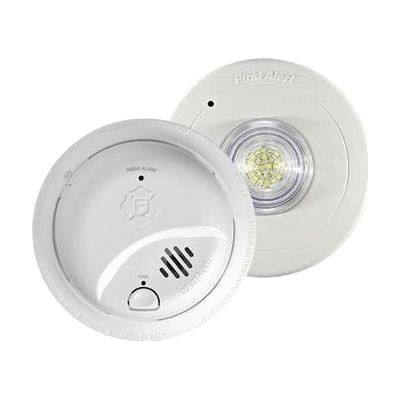 Round white smoke detector with flat face, test button, and integrated strobe light panel on the side, roughly 6 inches in di