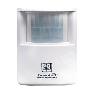 Small white rectangular motion sensor with a rounded front detection window, roughly 3 inches tall, designed for wall or shel