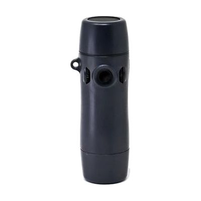 Hourglass-shaped handheld electrolarynx device in silver and black, approximately 5 inches long with a single button on the b