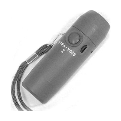 Cylindrical handheld electrolarynx device in gray PVC casing, approximately 5-6 inches long, resembling a pen-sized tube