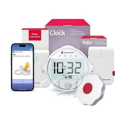 White baby monitor transmitter unit alongside a white rectangular bedside alarm clock receiver with colored LED indicators an