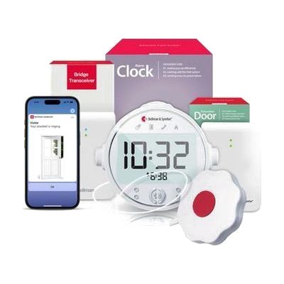Three-piece alerting system: white rectangular doorbell transmitter, white bedside alarm clock receiver with LED strip, and s