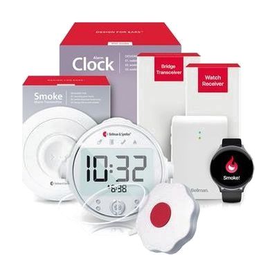 Multi-component fire alert bundle including a white smoke alarm disc, rectangular bedside alarm clock receiver with strobe, s