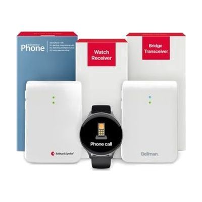 Bundle including a small white rectangular telephone transmitter, a compact white Bluetooth bridge unit, and a wristwatch wit