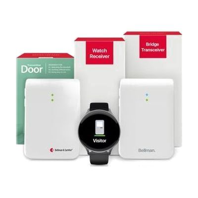 Bundle showing a small white square door transmitter, a compact rectangular Bluetooth bridge unit, and a slim wrist watch wit