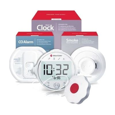 Multi-component alert kit including a white rectangular smoke alarm, a white CO alarm transmitter, a black alarm clock receiv