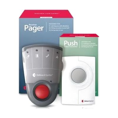 Small white wireless push button transmitter alongside a compact white clip-on pager receiver