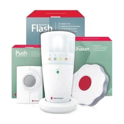 Three-piece alerting kit: small rectangular white push button transmitter, white plug-in receiver with built-in strobe, and f