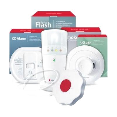 An alerting system kit with a white receiver unit, round red button pad, and bed shaker, shown with retail boxes.