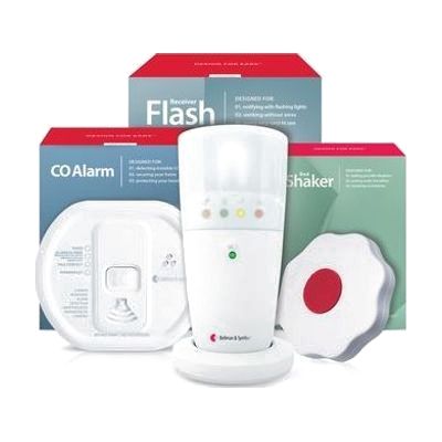 Three-piece safety system: white rectangular CO detector transmitter, white plug-in strobe flash receiver with clear lens, an