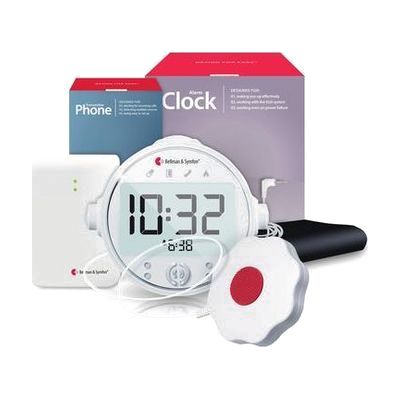 An alerting system with a round white digital alarm clock and a red-and-white pendant button.
