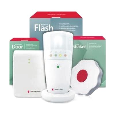 Three-piece alerting kit: small white wireless transmitter, rectangular white flash receiver with a bright LED panel, and a f