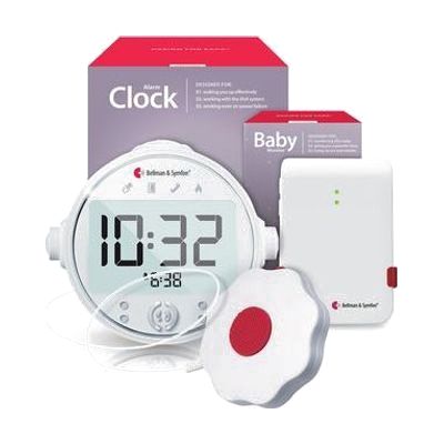 White wireless baby monitor transmitter unit alongside a rectangular white alarm clock receiver with display screen and a fla