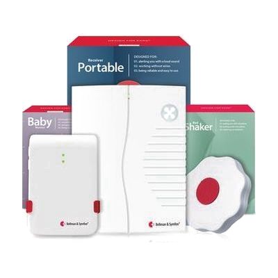 Three-piece baby monitor set: white rectangular nursery transmitter, compact white handheld receiver with LED indicator, and 
