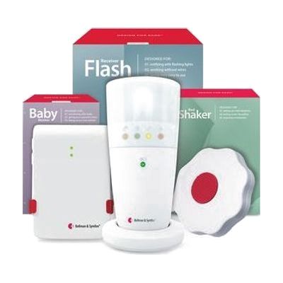 Three-piece baby monitor set: small white transmitter unit, rectangular white flash receiver with colored indicator lights, a