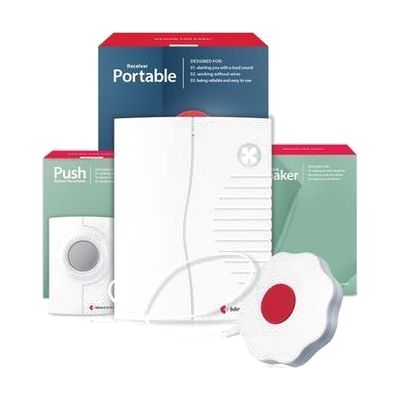 Three-piece alerting kit: a small white wireless push button, a compact white portable receiver with LED indicator, and a fla