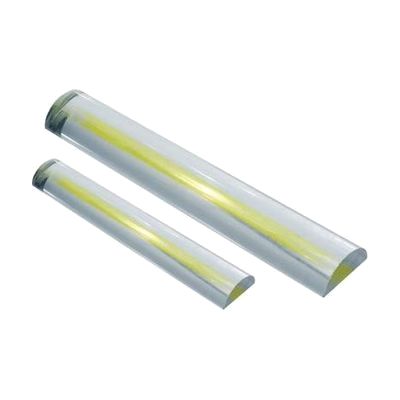 Two clear rectangular acrylic bar magnifiers side by side, each with a narrow yellow horizontal stripe, one shorter and one l