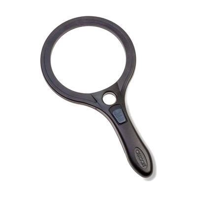 Oval handheld magnifier with clear acrylic lens, black plastic handle, and small LED lights visible around the lens frame