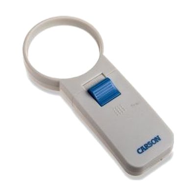 Small oval handheld magnifier with clear acrylic lens and black plastic handle, approximately 5 inches long