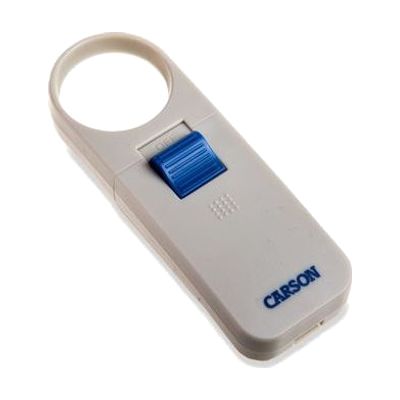 Small handheld magnifier with a 1.5-inch round lens and built-in LED light, lightweight acrylic construction with a short gri