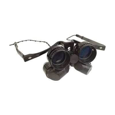 Lightweight head-mounted binoculars with rimless lenses and thin temple arms, designed to be worn like eyeglasses