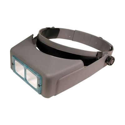 Head-worn magnifier visor with clear rectangular binocular lens panel mounted on an adjustable green headband