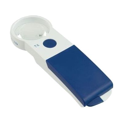 Handheld magnifier with a round 50mm lens in a rectangular frame, attached to a contoured plastic handle with a center-mounte
