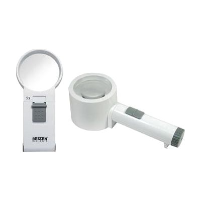 Two handheld-style magnifiers with oval lenses and built-in LED lights, shown with a soft vinyl drawstring pouch and storage 