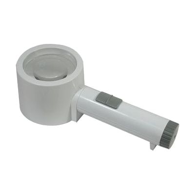 Handheld stand magnifier with circular 75mm lens mounted in a plastic housing with short legs and LED lighting around the len