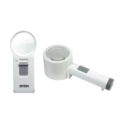 Two handheld magnifiers with oval lenses and black handles featuring LED lights, alongside two small vinyl drawstring pouches