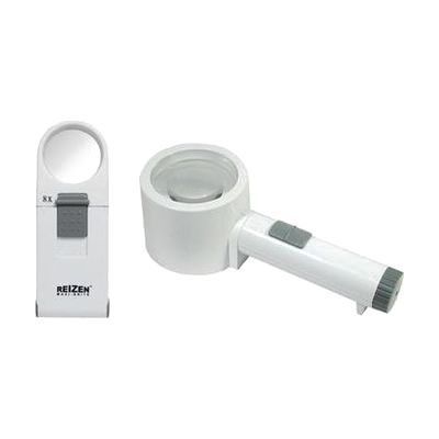Two handheld magnifiers with oval lenses and built-in LED lights, shown with a soft vinyl drawstring pouch