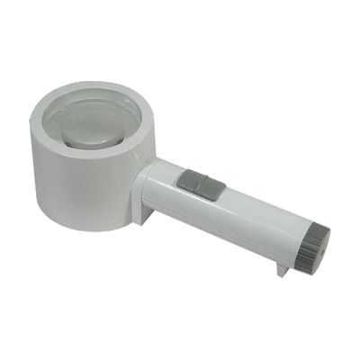 Small handheld stand magnifier with circular lens housing, short legs to rest on a surface, and LED light ring around the len