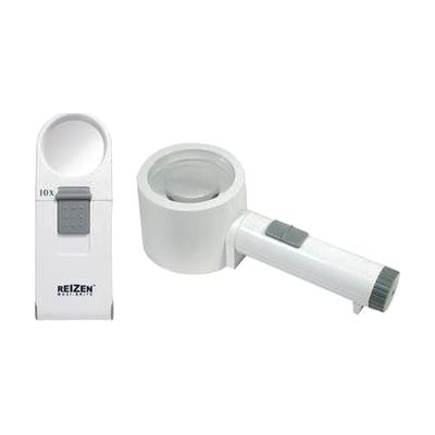 Two oval LED magnifiers with clear lenses and black handles, one with a fold-out stand, shown with a soft drawstring vinyl ca