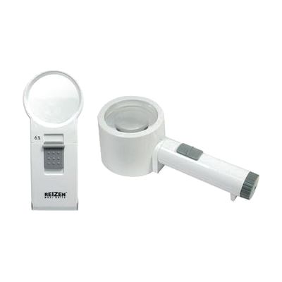 Two handheld LED magnifiers with circular lenses, one with fold-out stand legs, shown with vinyl drawstring pouch