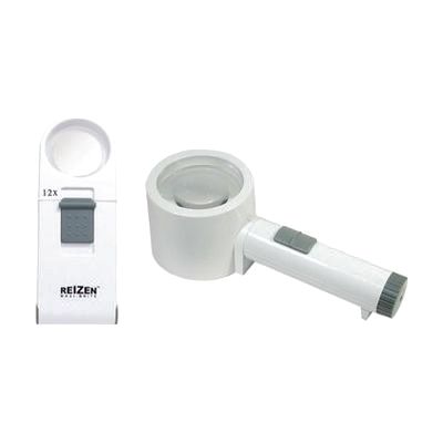 Two clear-lens LED magnifiers with black handles and frames, one with a fold-out stand, shown with a soft vinyl drawstring po