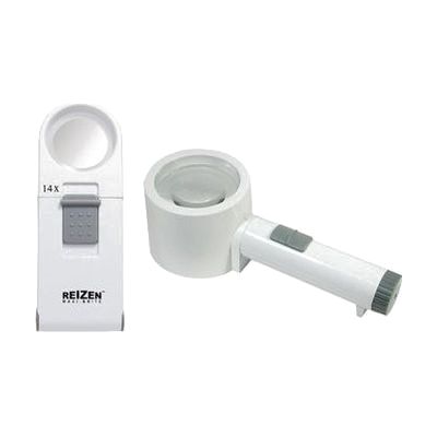 Two small rectangular LED magnifiers with clear oval lenses, one with a fold-out stand, shown with a soft drawstring vinyl po